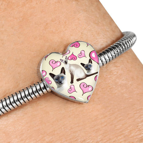 Siamese Cat Print Heart Charm Steel Bracelet-Free Shipping