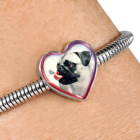 Cute Pug Dog Print Heart Charm Steel Bracelet-Free Shipping