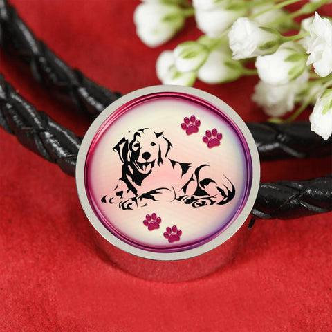 Golden Retriever Dog Print Circle Charm Leather Woven Bracelet-Free Shipping