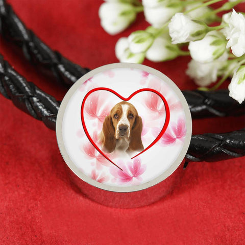 Basset Hound Print Circle Charm Leather Bracelet -Free Shipping