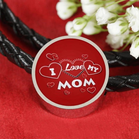 'I Love MY MOM' Red Print Circle Charm Leather Bracelet