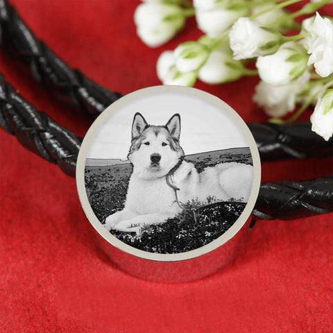 Alaskan Malamute Print Circle Leather Charm Bracelet -Free Shipping