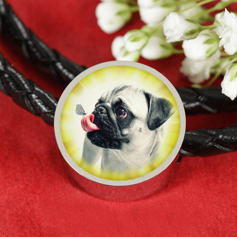 Cute Pug Dog Print Circle Charm Leather Woven Bracelet-Free Shipping