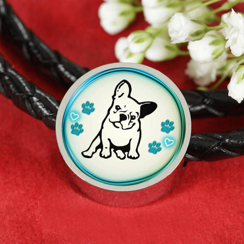 Cute French Bulldog Print Circle Charm Leather Woven Bracelet-Free Shipping