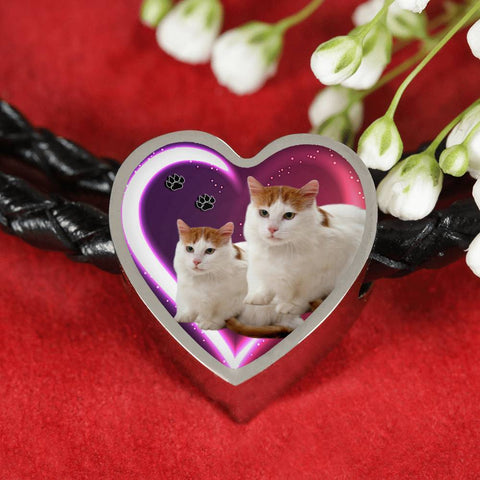 Turkish Van Cat Print Heart Charm Leather Woven Bracelet-Free Shipping