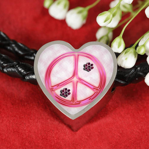 Peace Sign With Paws Print Heart Charm Leather Woven Bracelet-Free Shipping