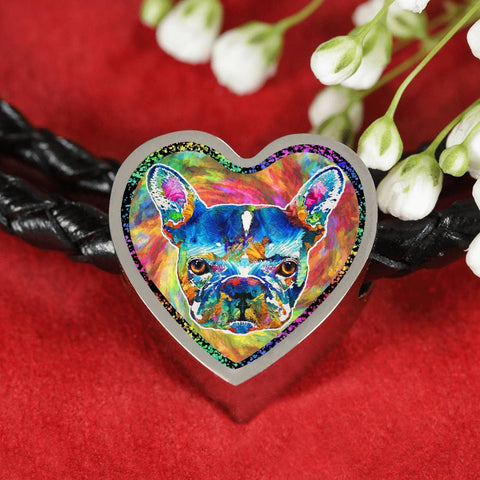 Colorful French Bulldog Heart Charm Leather Woven Bracelet-Free Shipping