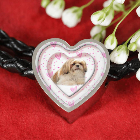 Shih Tzu Dog Print Heart Charm Leather Bracelet-Free Shipping