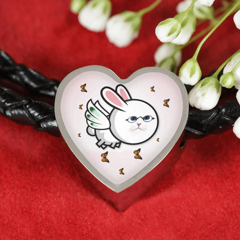 Flying Cat Print Heart Charm Leather Bracelet-Free Shipping