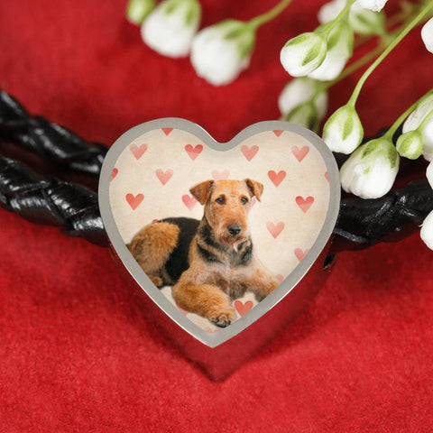 Airedale Terrier Print Luxury Heart Charm Leather Bracelet-Free Shipping