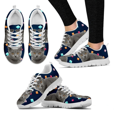 Chartreux Cat Print (White/Black) Running Shoes For Women-Free Shipping-Paww-Printz-Merchandise