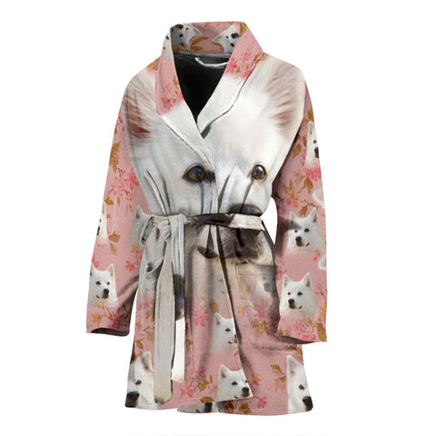 American Eskimo Dog On Pink Print Women's Bath Robe-Free Shipping