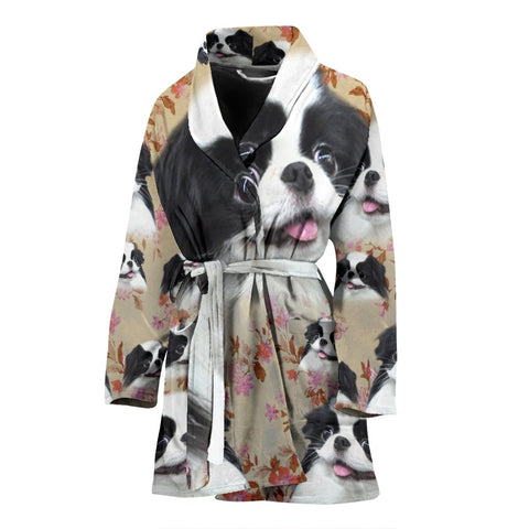 Cute Japanese Chin Dog Floral Print Women's Bath Robe-Free Shipping