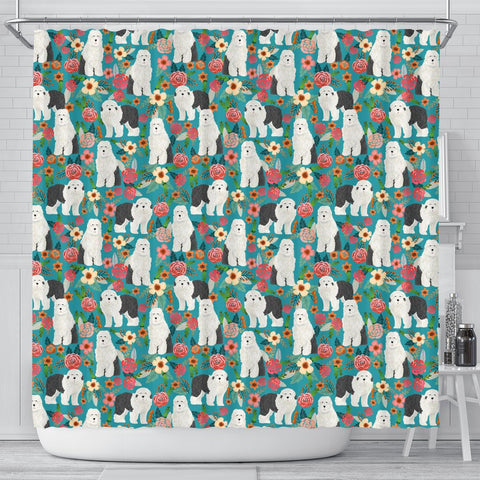 Old English Sheepdog Floral Print Shower Curtains-Free Shipping