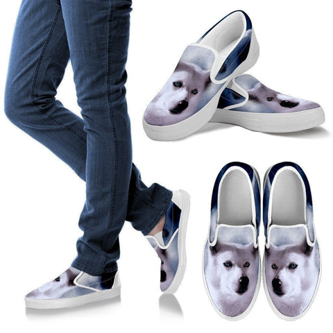 White Husky Print Slip Ons For Women- Express Shipping-Paww-Printz-Merchandise
