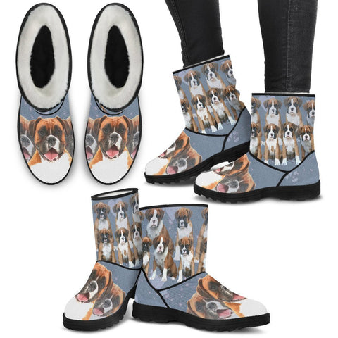 Boxer Dog Print Faux Fur Boots For Women-Free Shipping-Paww-Printz-Merchandise
