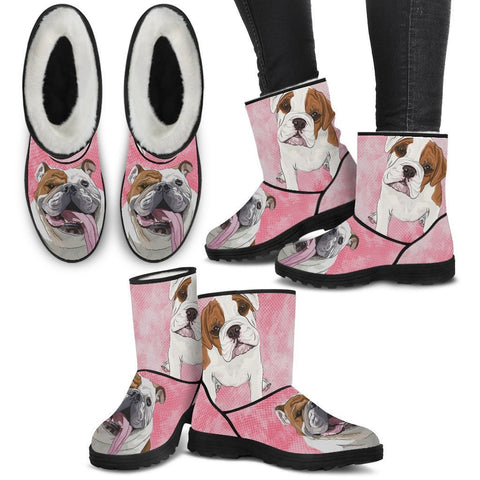 Bulldog Print Faux Fur Boots For Women-Free Shipping-Paww-Printz-Merchandise