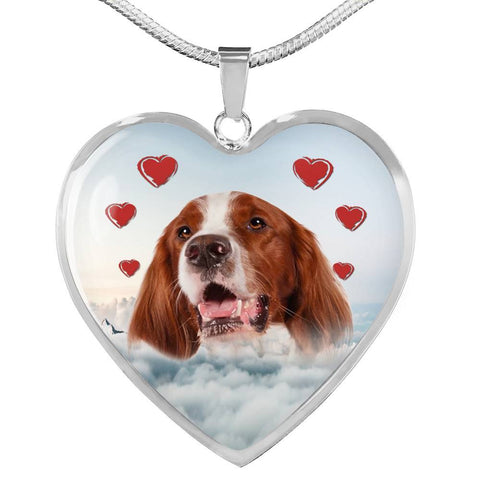 Irish Red and White Setter Print Heart Pendant Luxury Necklace-Free Shipping