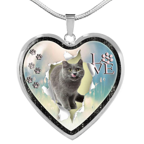 Lovely Korat Cat Print Heart Charm Necklaces-Free Shipping
