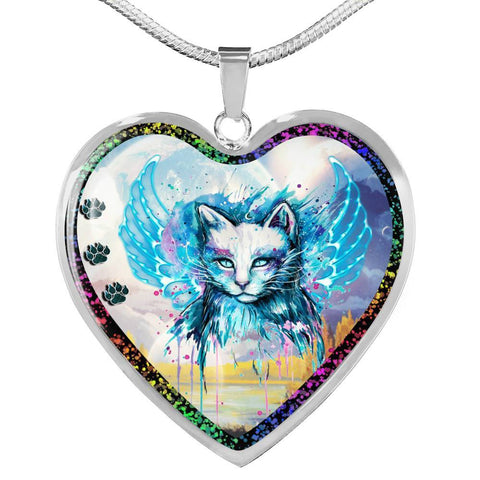Cat Watercolor Art Print Heart Charm Necklaces-Free Shipping