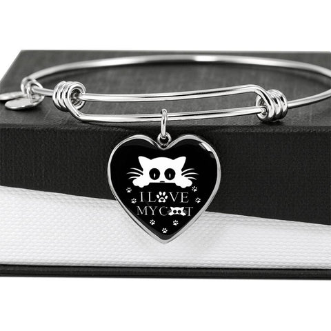 " I Love My Cat" Print Heart Pendant Luxury Bangle