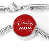 'I Love MY MOM' Red Print Circle Charm Steel Bracelet