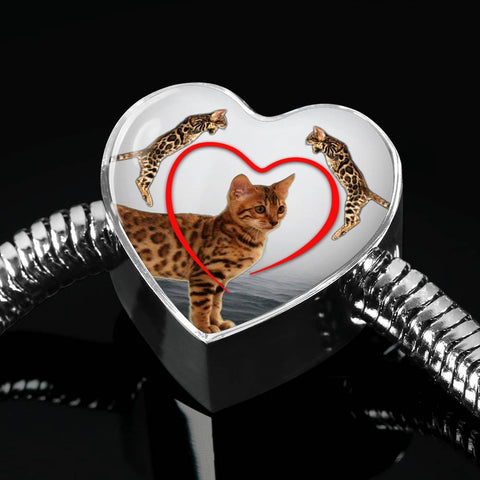 Bengal Cat Print Heart Charm Steel Bracelet-Free Shipping