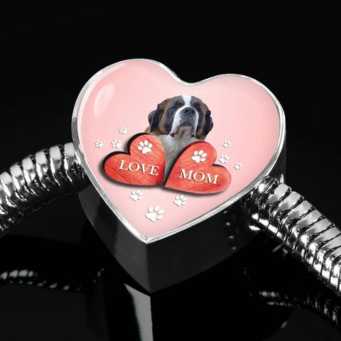St. Bernard Dog Print Heart Charm Steel Bracelet-Free Shipping