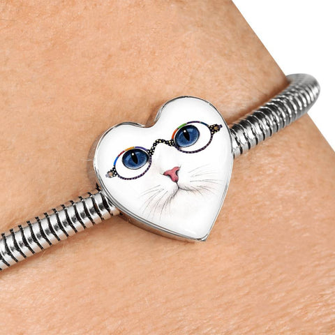 Cute Cat With Glasses Print Heart Charm Steel Bracelet-Free Shipping