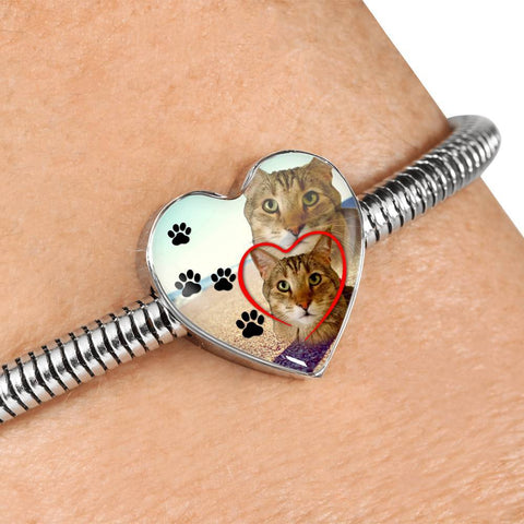 Pixie Bob Cat Print Heart Charm Steel Bracelet-Free Shipping