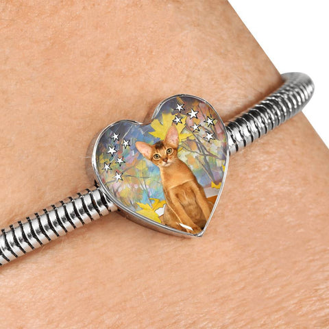 Abyssinian Cat Print Heart Charm Steel Bracelet