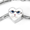Cute Cat With Glasses Print Heart Charm Steel Bracelet-Free Shipping