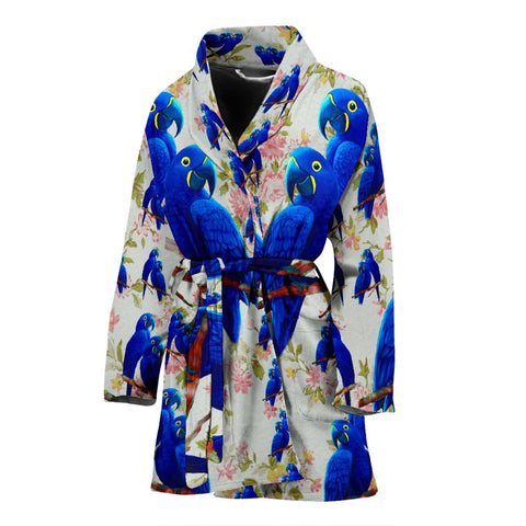 Hyacinth Macaw Parrot Floral Print Women's Bath Robe-Free Shipping