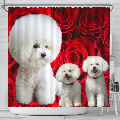 Bichon Frise On Rose Print Shower Curtain-Free Shipping